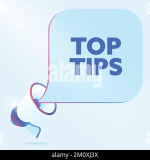 Top tips text with 3d realistic megaphone vector illustration. Banner template to announce news about webinar in social media, training course Stock Vector