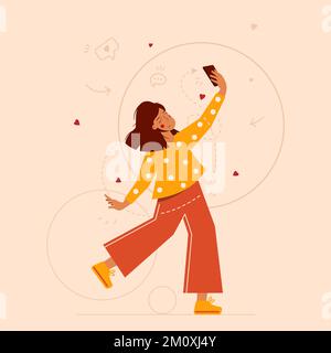 Young beautiful woman taking selfie for her profile in social network. Picture for online dating topic. Stock Vector