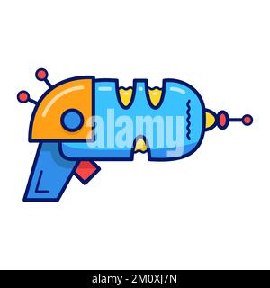 Flat vector illustration with cartoon blaster. Blue laser weapon or ray gun on isolated white background. Stock Vector