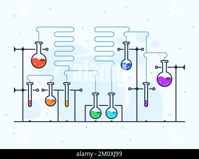 Vector illustration with chemical laboratory in flat line style. Flasks with color liquid and blue tubes. Stock Vector