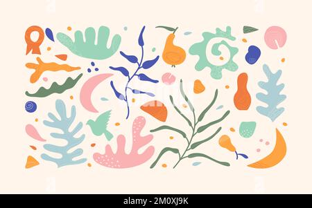 Set of color hand-drawn organic shapes in Matisse style. Abstract objects with textures, bird, shell, pear, coral, moon. Stock Vector