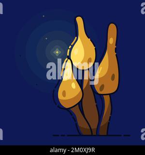 Night fairy-tale with magic yellow mushrooms with lights on blue background in cartoon style. Stock Vector