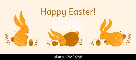 Set of three vectors cute Easter bunnies with painted eggs and festive text. Stock Vector