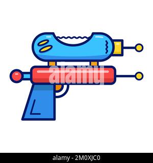 Vector flat cartoon illustration with retro blaster. Blue and red laser weapon or ray gun on isolated white background. Stock Vector