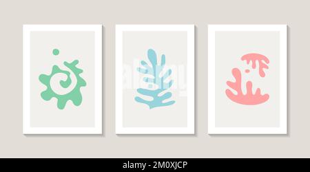 Set of three abstract posters with natural abstract corals. Matisse style. Stock Vector