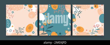 Vector set of post creative pictures. Three squares abstract compositions with place for text. Stock Vector