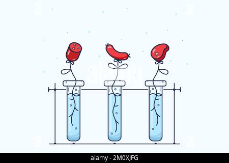 Concept on theme of fake meat grown in laboratory. Three test flask with blue liquid and growing sausage, hot dog and steak. With concern for the envi Stock Vector
