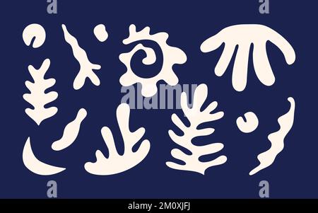 Set of white hand-drawn sea shapes in Matisse style on blue background. Stock Vector