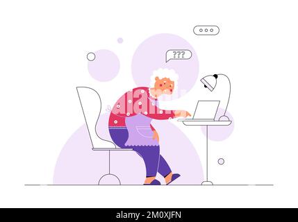 Happy grandma try to use laptop for the first time. Flat vector illustration with one old woman indoor. Stock Vector