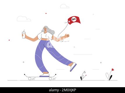 Vector flat design illustration with one happy grandmother rides skateboard with glass of coffee in her hands and age tag on her clothes. Stock Vector