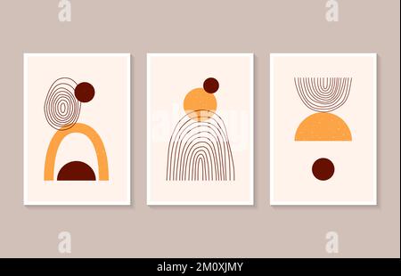 A set of three abstract posters to decorate the interior. Geometric shapes and hand-drawn lines. Stock Vector