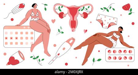 Flat vector illustration on theme of female menstruation. Two beautiful woman with hygiene reusable products. Tampon, uterus, menstrual cup, ovulation Stock Vector