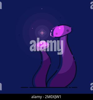 Night fairy-tale with magic bright purple mushrooms on blue background. Stock Vector