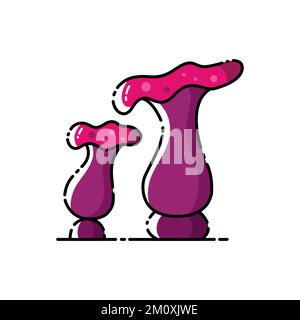 Vector flat cartoon style illustration with two Purple mystical poison mushrooms on isolated white background. Stock Vector