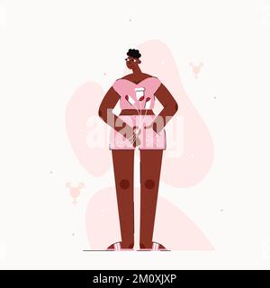 Vector illustration with one african american transgender person with menstrual cup and tampons drawing in pink colour. Stock Vector