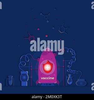 Purple rocket with vaccine against all diseases flies out of dark laboratory and brings health and light to the world. Stock Vector