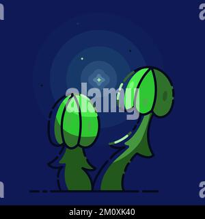 Fairy-tale with magic green mushroom on dark blue background. Mysterious light and fireflies. Stock Vector