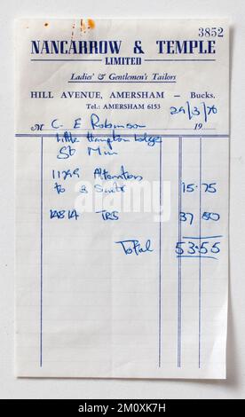 1970s Shop Sales Receipt from Nancarrow and Temple Amersham Bucks Stock Photo