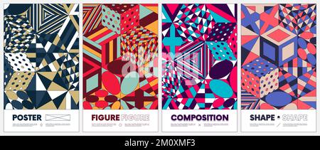 Abstract color poster in trendy flat style, new modernism aesthetics geometric shapes, colorful cubes with different pattern, vector set of brochures Stock Vector
