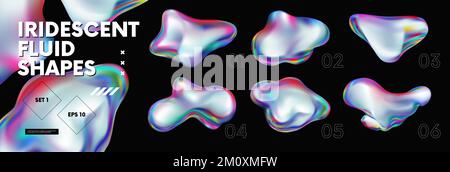 3d Fluid holographic iridescent shapes, abstract colorful bright liquid amorphous rainbow bubbles, fluorescent chameleon gradient vector elements of v Stock Vector