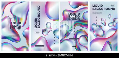 Collection fluid holographic background with 3d liquid splash rainbow gasoline spill bubble, iridescent gradient colorful amorphous shapes, trendy vec Stock Vector