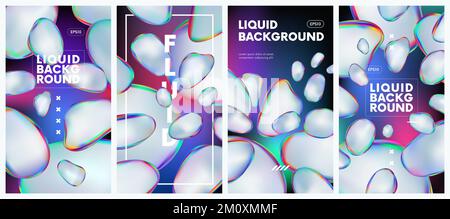 Abstract liquid background with iridescent holographic gradient color round shapes, chrome-plated fluid forms with multicolored transfusion, colorful Stock Vector