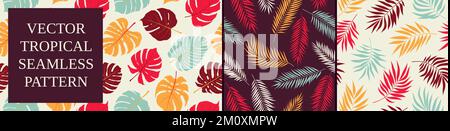 Seamless pattern with colorful tropic and jungle leaves, branches and various plants on light background, vector trendy contemporary collage, set 10 Stock Vector