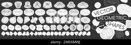Set stickers with different linear form inspired by brutalism, distortion and transformation of figure, collection strange wireframes vector 3d geomet Stock Vector