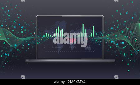 Innovative futuristic technologies for processing big data, analysis and structuring of information on the background of a laptop with a world map, co Stock Vector