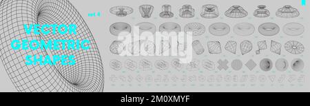 Collection of strange wireframes vector 3d geometric shapes, distortion and transformation of figure, set of different linear form inspired by brutali Stock Vector