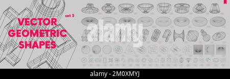 Collection of strange wireframes vector 3d geometric shapes, distortion and transformation of figure, set of different linear form inspired by brutali Stock Vector