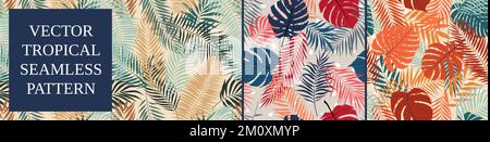 Seamless tropical pattern with monstera leaves and palm tree branches, vector botany composition summer backgrounds, set 12 Stock Vector