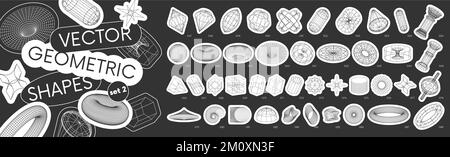 Set stickers with different linear form inspired by brutalism, collection strange wireframes vector 3d geometric shapes, distortion and transformation Stock Vector