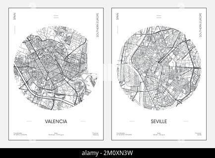 Travel poster, urban street plan city map Valencia and Seville, vector illustration Stock Vector