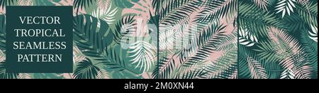 Seamless patterns with tropical exotic leaves and plants, vector botany composition in green and pink colors, set 5 Stock Vector