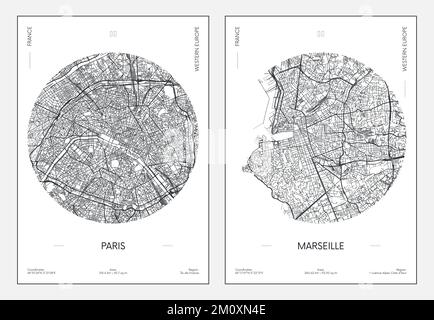 Travel poster, urban street plan city map Paris and Marseille, vector illustration Stock Vector