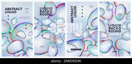 Collection fluid holographic background with iridescent gasoline bubble, chrome-plated liquid forms with multicolored transfusion, colorful refrex on Stock Vector