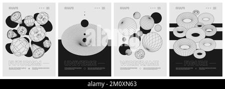 Strange wireframes of geometrical shapes modern design inspired by brutalism, geometric figures contemporary artwork, abstract monochrome vector set p Stock Vector