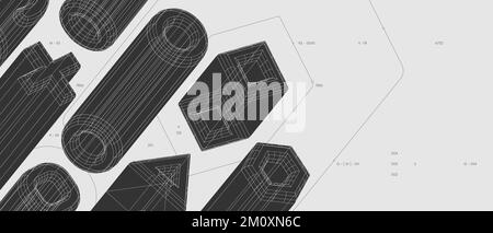 Strange abstract modern wireframes 3d geometric shapes, graphic composition design vector background, various volumetric figures in isometry, anti-des Stock Vector