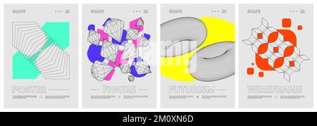 Wireframes strange geometrical shapes and colored geometric figures, abstract vector set posters, modern design inspired by brutalism, contemporary co Stock Vector