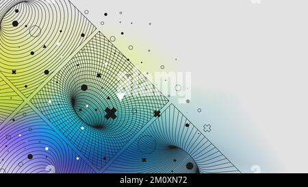 Tunnel or wormhole over curved spacetime, Retrofuturistic vaporwave black hole, Vector posters with strange wireframes of geometric shapes modern desi Stock Vector