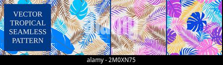 Seamless patterns with tropical exotic palm, banana and monstera leaves, vector contemporary collage in blue and purple colors, set 8 Stock Vector
