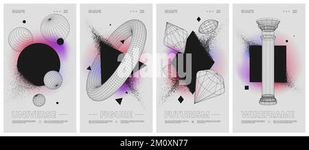 Geometric shapes dissolve into dust on a gradient background, Wireframes strange geometrical figures, modern design inspired by brutalism, abstract ve Stock Vector