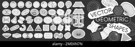 Set stickers with different linear form inspired by brutalism, collection strange wireframes vector 3d geometric shapes, distortion and transformation Stock Vector