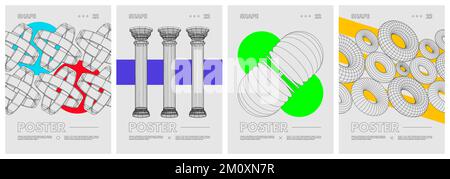 Strange wireframes of geometrical shapes and colored geometric figures, contemporary composition artwork, modern design inspired by brutalism, abstrac Stock Vector