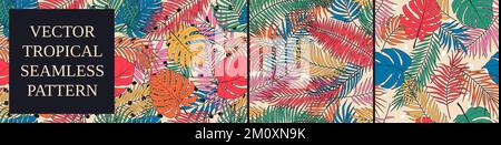 Seamless patterns with tropical exotic leaves and plants, contemporary collage trendy vector composition, set 7 Stock Vector