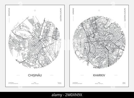 Travel poster, urban street plan city map Chisinau and Kharkiv, vector illustration Stock Vector