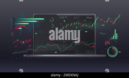Visualization of financial graph of financial market analytics on the background of a laptop, report from business analysis, global economy, vector Stock Vector