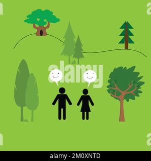 Silhouettes of a man and a woman with smiley face icons outdoors in nature Stock Vector