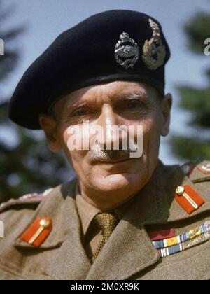 Monty, General Montgomery, General Sir Bernard Montgomery in England, 1943 Portrait of the Commander of the Eighth Army General Sir Bernard Montgomery taken during a visit to England. Field Marshal Bernard Law Montgomery, 1st Viscount Montgomery of Alamein, (1887 – 1976), nicknamed 'Monty', was a senior British Army officer who served in the First World War, the Irish War of Independence and the Second World War. Stock Photo